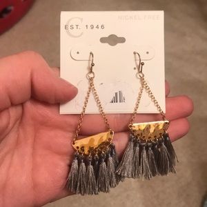 Nickel free gold with gray fringe earrings